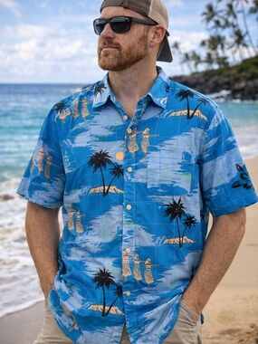 Brooklyn Cloth Hawaiian Shirt Mens M Blue Tropical Hula Palm Button Down